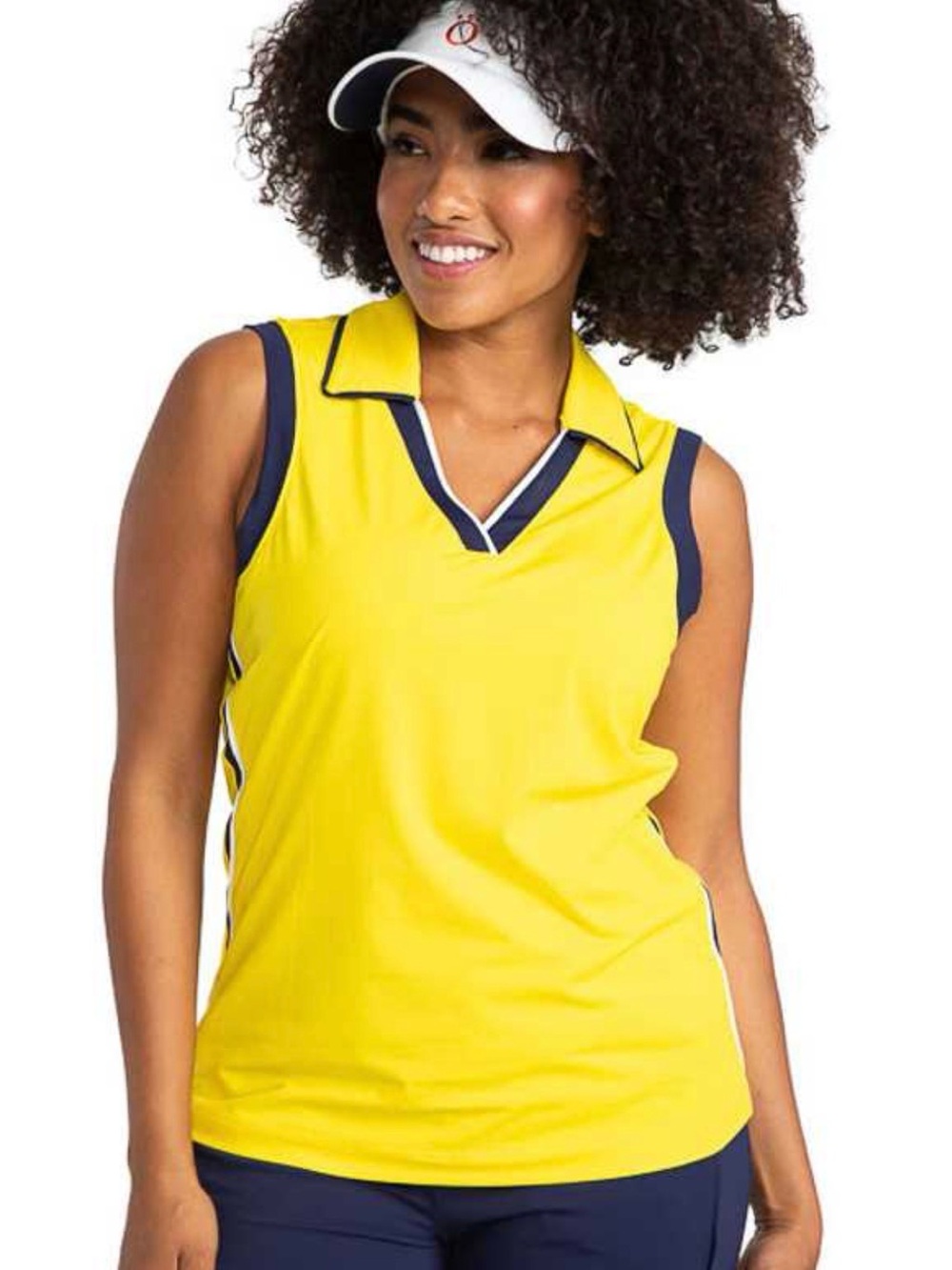 Kinona Bright Yellow Sleeveless Polo Tank with Navy Accents